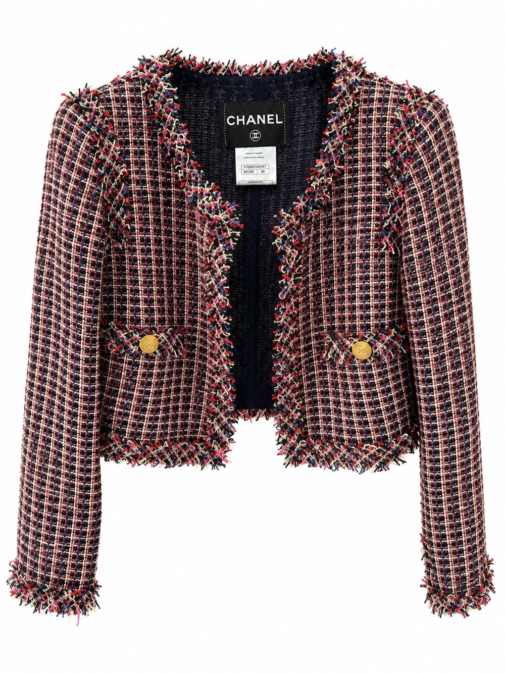 CHANEL Multicolor Pink & Navy Tweed Cropped Jacket